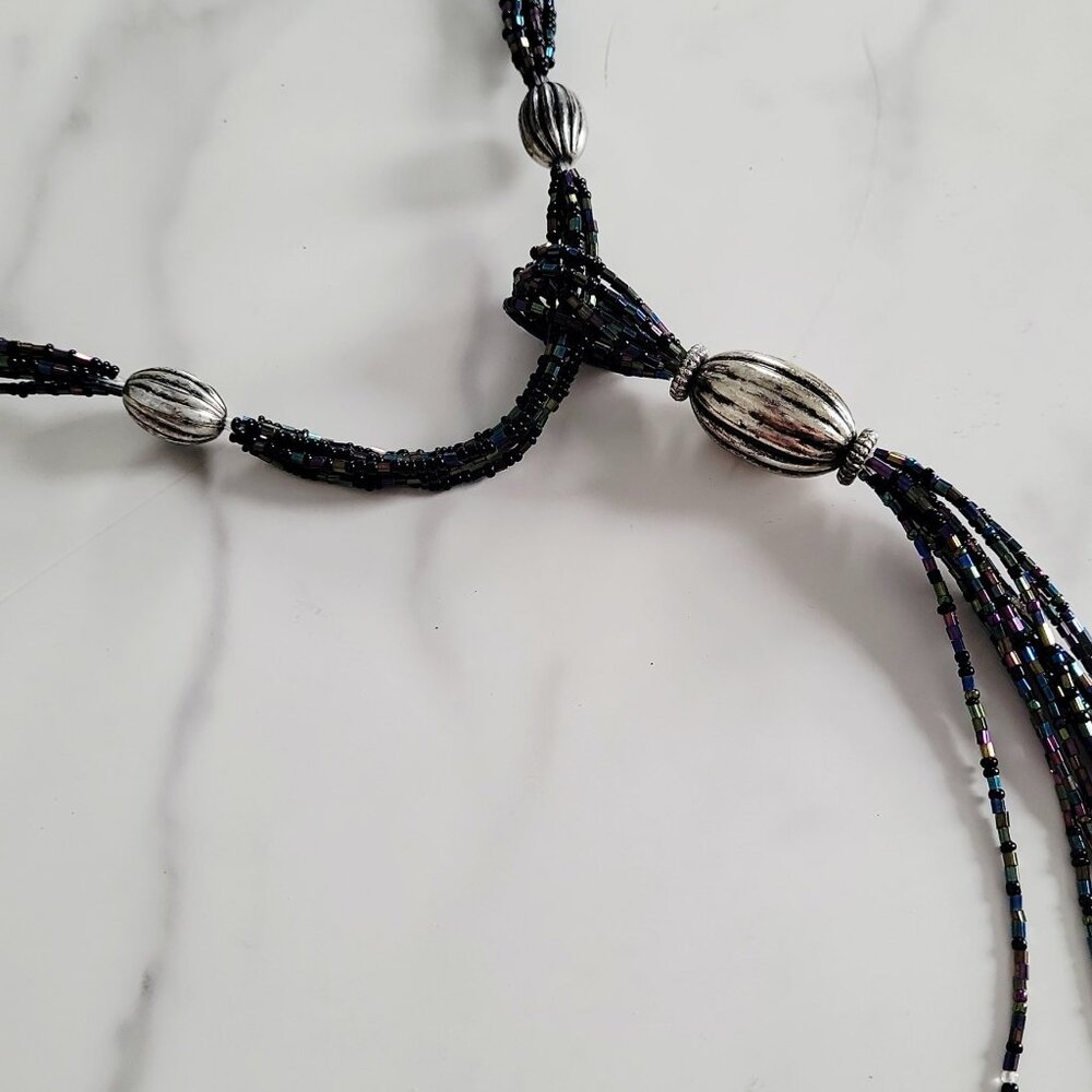 ๐ Black Beaded Tassel Necklace Iridescent Multi Strand Statement Silver Tone - Picture 4 of 4